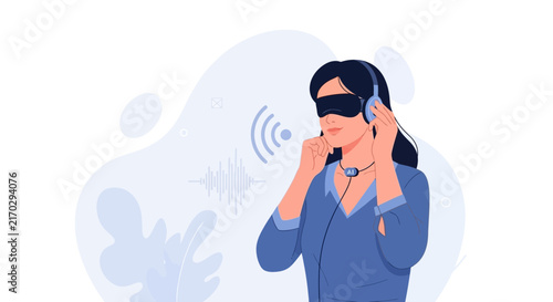 Woman Wearing VR Headset and Headphones Experiencing Virtual Reality with AI Integration and Sound Waves