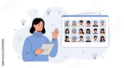 Woman Waving Hello on Video Call with Diverse Group of People, Online Meeting Concept