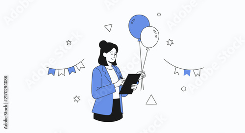 Woman with Balloons and Clipboard at Party Celebration with Bunting and Confetti - Flat Illustration Style