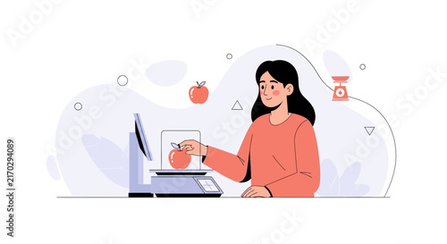 Woman Weighing Apple at Grocery Store Scale, Modern Flat Illustration Style