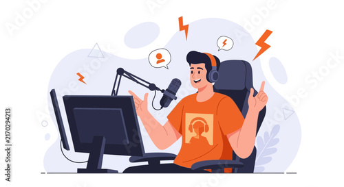 Young Man Podcaster Streaming with Microphone and Headphones, Sitting at Computer Desk, Communicating Online