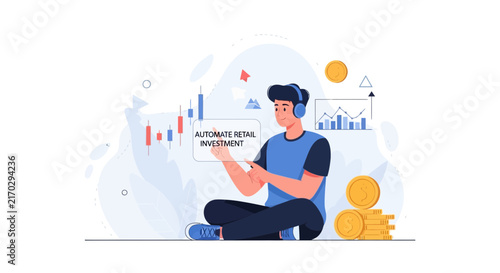 Young man with headphones uses futuristic interface for automated retail investment, surrounded by stock charts and coins