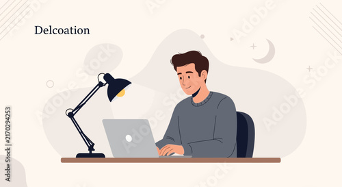 Young man working on a laptop at a desk with a desk lamp, late night study or work concept illustration, flat vector design.