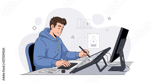 Young man working as a graphic designer at his desk, using a drawing tablet and computer, illustrating creative process.