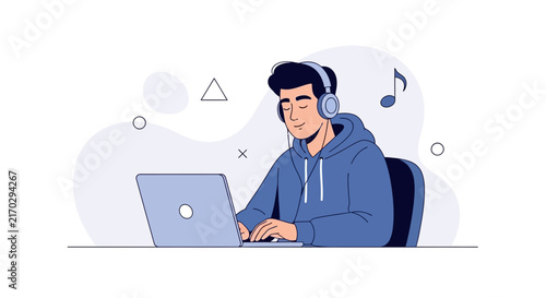 Young Person Wearing Headphones Enjoying Music While Working on Laptop, Relaxed and Focused