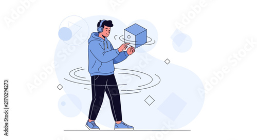Young person with headphones interacting with a 3D cube in a futuristic, minimalist digital environment.