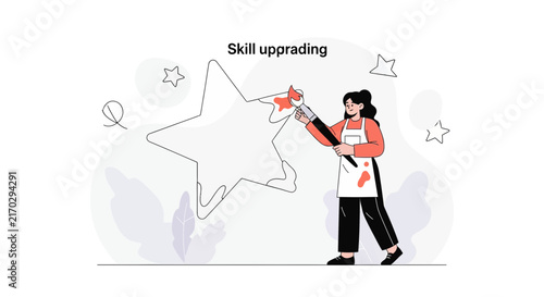 Young woman paints a star, symbolizing skill upgrading, personal growth, and self-improvement in a modern flat vector illustration style.