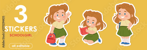 A set of stickers featuring a cute, happy schoolgirl in various poses. Patches of a cartoon child in a school uniform, with a backpack, a book.