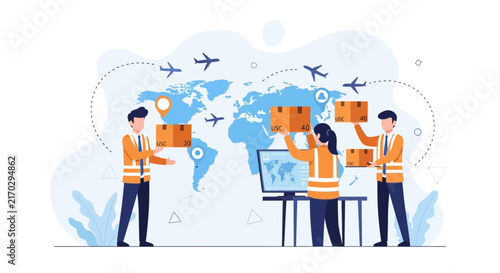 Global logistics and delivery concept. People working with packages and airplanes against a world map background.