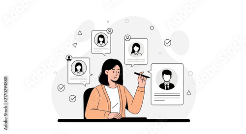 HR Manager Reviews Candidate Profiles for Hiring Process. Vector Illustration Concept for Recruitment, Selection, and Talent Acquisition.