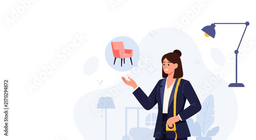 Interior Designer with Measuring Tape and Chair Concept, Vector Illustration