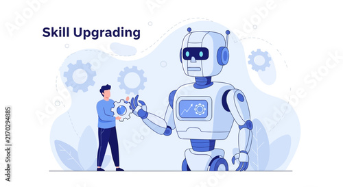 Human and Robot Collaborating on Skill Upgrading with Gears, Symbolizing Technology and Education