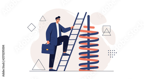 Man climbing ladder towards success, symbolizing career growth and business achievement, with abstract spiral element