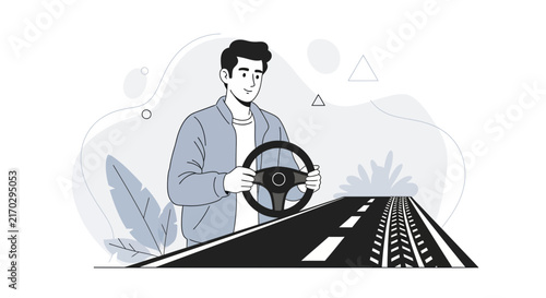 Man driving a car on a road, modern vector illustration symbolizing journey, freedom, and control.