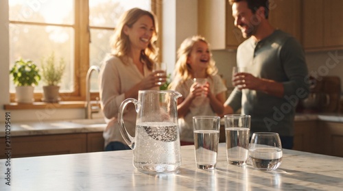 Family Hydration Moment: A smiling family, a father, mother, and daughter, enjoy refreshing glasses of water in a sunlit kitchen, promoting a healthy lifestyle.