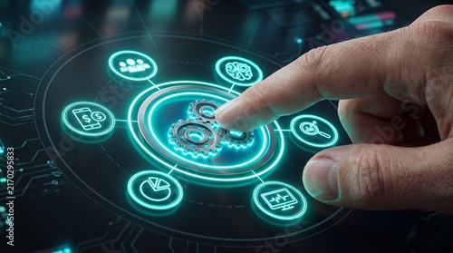 Digital Interface Interaction: A close-up of a finger touching a glowing digital interface, displaying a circular network of icons representing business processes, data analysis.