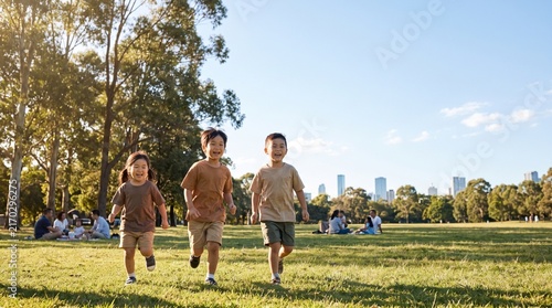 Three happy Asian children playing in a lush green city park under a brilliant blue sky, representing clean air, healthy childhood, outdoor activity and a sustainable future for generations.