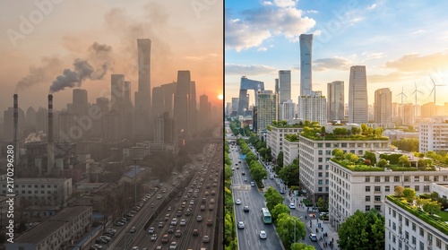 Split-scene urban campaign showing a polluted hazy skyline beside the same city with lush trees and clear blue skies, symbolizing the transition toward clean air and a sustainable future.