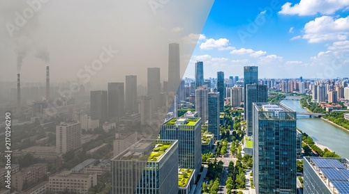 Dramatic before-and-after city transformation from gray smog and pollution to a clean green urban landscape with blue skies, illustrating air quality improvement, restoration and climate action.