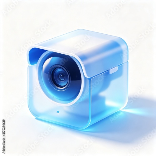 Futuristic Translucent Blue Camera or Projector Device with Large Lens in Glossy 3D Style