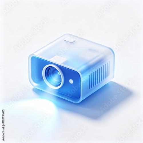 Futuristic Blue Mini Projector Icon in Glossy Translucent 3D Render on White Background
