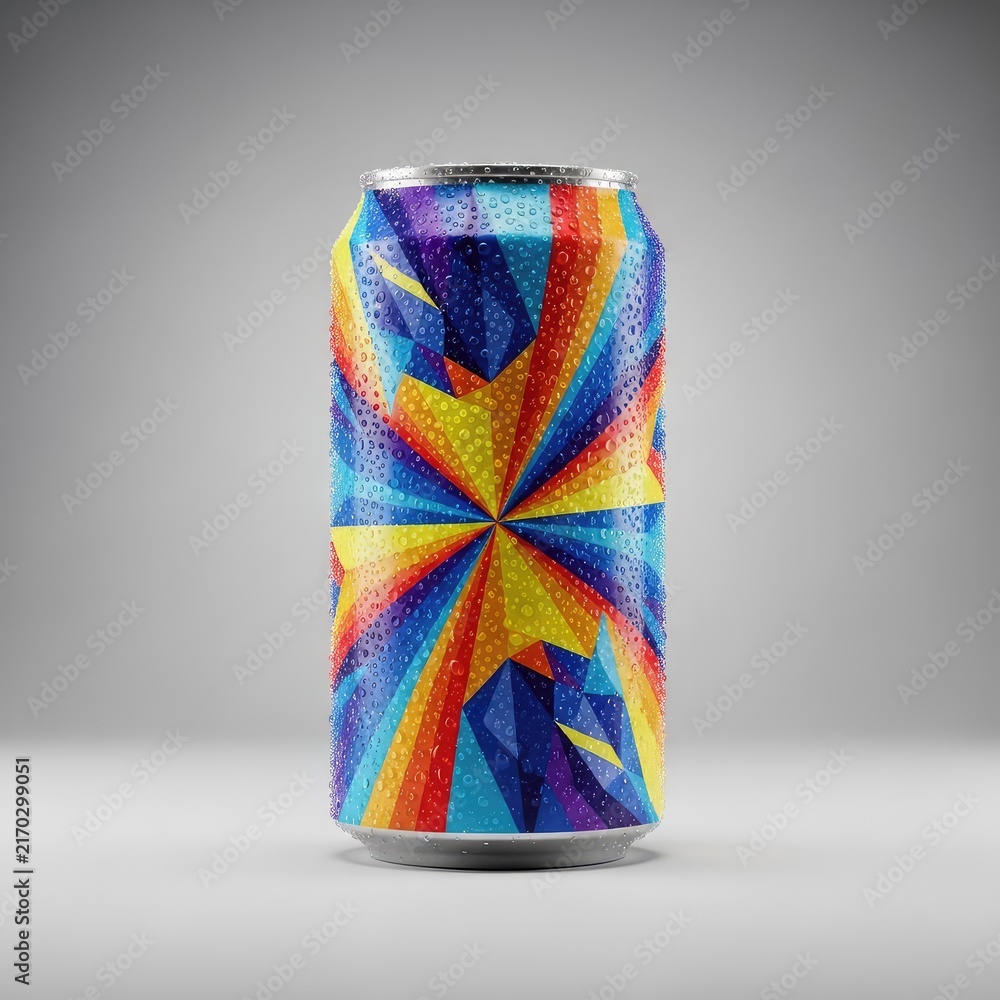 Obraz premium Futuristic beverage can with colorful geometric designs, covered in cold condensation droplets against a clean, minimalist studio background, carbonated, ice, studio