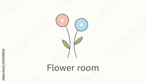 Cute minimalist logo for a flower room featuring two simple colored blossoms with thin green stems and leaves.