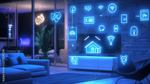 Glowing neon blue smart home automation icons float in a modern living room interior featuring a dark brick wall with soft ambient lighting and contemporary furniture for a futuristic aesthetic.