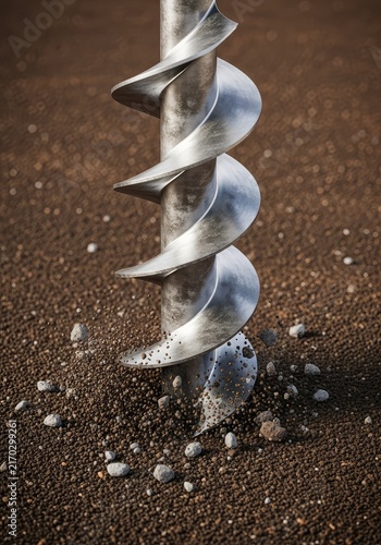 Industrial metal auger penetrates the earth with force, showing detailed textures of the spinning steel tip and displaced dirt and gravel, sharp, strength, excavation