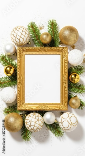 Overhead view of a blank frame surrounded by elegant white and gold Christmas baubles, shimmering glitter, and green pine needles on white, holiday, season, wood