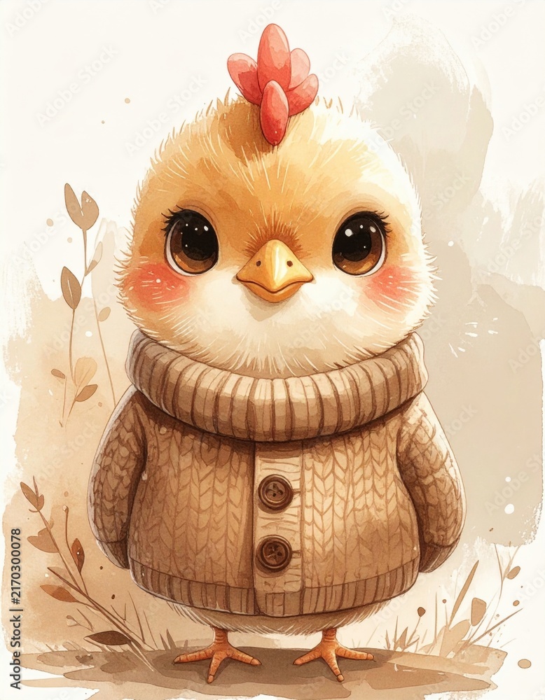Obraz premium A cute baby chick with big eyes wears a cozy knitted sweater, standing among delicate plants in a soft, pastel watercolor style.