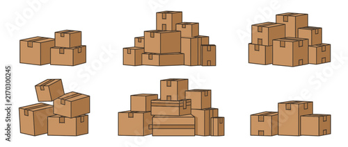 Hand-drawn cardboard boxes stacked in piles on transparent background