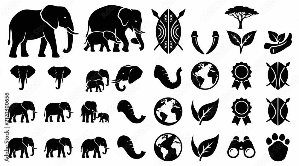 Fototapeta premium World Elephant Day Solid Glyph Vector Icon Set Collection