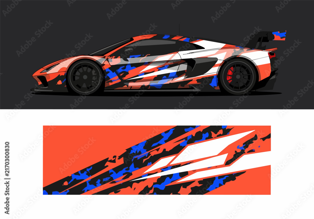 Fototapeta premium Sports car with dynamic camouflage wrap design pattern