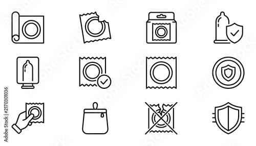 Set of contraceptive condom icons in outline style representing safety, health, protection and birth control
