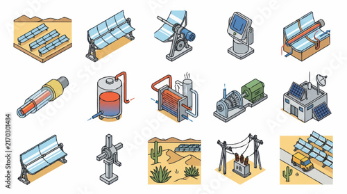 Minimalist Illustrated Guide to Various Solar Energy Systems and Components in Isometric Style with high quality professional line art symbols for modern creative design and digital branding projects
