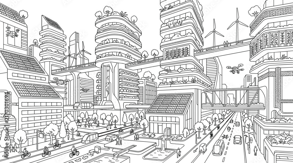 Obraz premium Futuristic gravity defying city line art coloring page