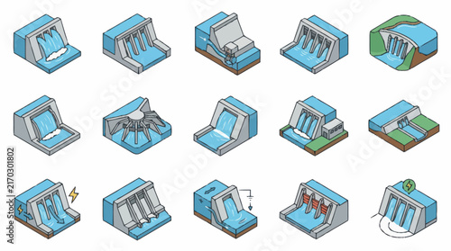 Minimalist Illustrations of Various Hydroelectric Dam and Waterwheel Designs in Blue and Green with high quality professional line art symbols for modern creative design and digital branding projects