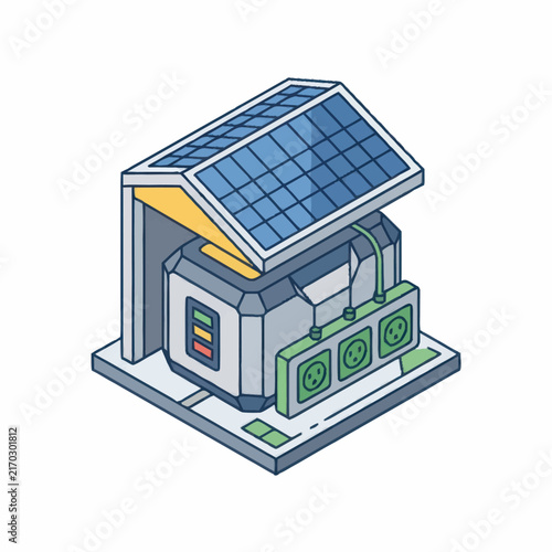 Professional Isometric of a Solar Powered Smart Home with Battery Storage and Electrical Outlets