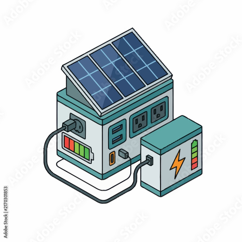 Creative Isometric of a Solar Powered Smart Home Battery System with Solar Panels Power Outlets and Battery Storage