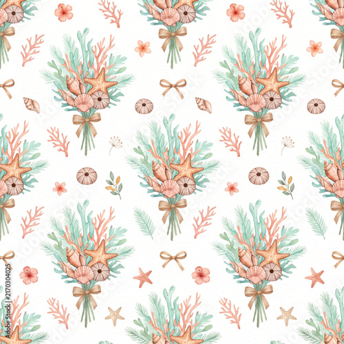 Seaside botanical arrangement watercolor pattern illustration