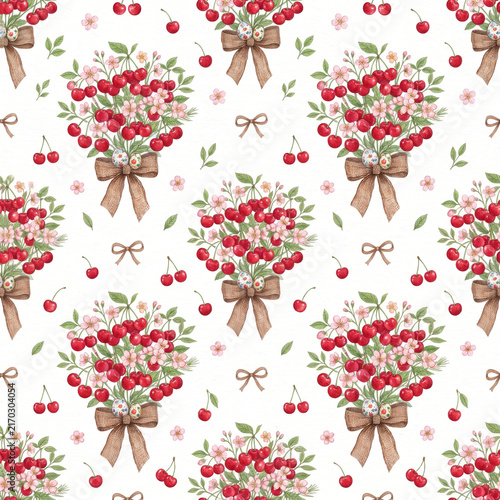 Sweet cherry blossom bouquet pattern with bows