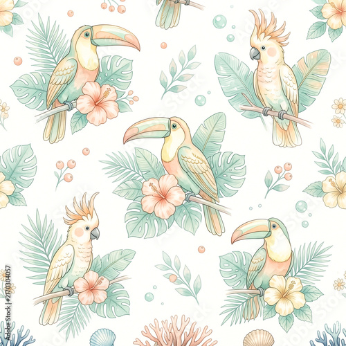 Tropical birds and floral elements seamless pattern illustration
