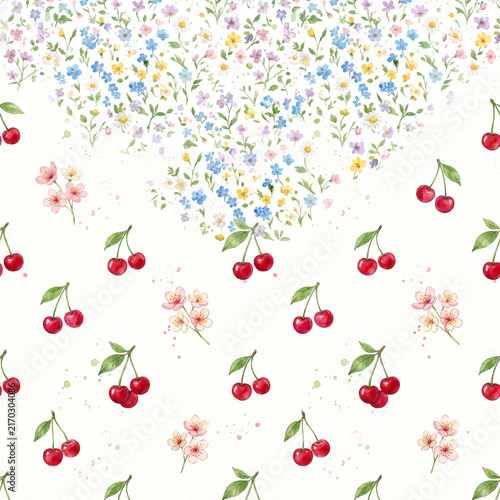 Watercolor floral pattern with cherries and small blossoms on white