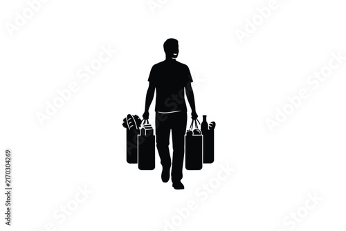 Silhouette of a man carrying grocery bags against a white background