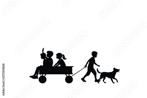 Foto Children pulling a wagon with a dog black silhouette on white background