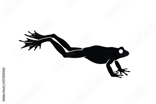 Black frog silhouette leaping forward against a white background
