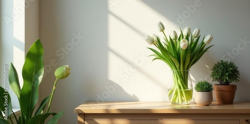 Sunlight illuminates white tulips in a simple vase on a Scandinavian-style cabinet among potted plants , sunlight, botanical