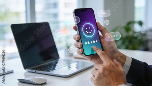 Smartphone Customer Satisfaction Rating with Five Stars and Digital Feedback Concept