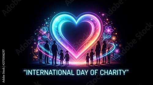 International Day of Charity neon heart glowing illustration with silhouettes of people